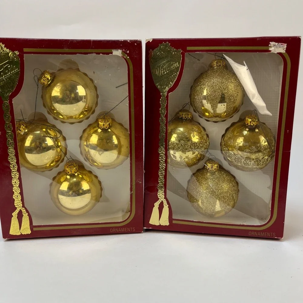 Vtg  Victoria Collection Gold Glitter‎ Glass Christmas Ornaments- 2 Boxes